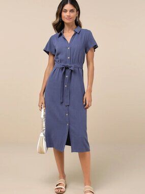Lulus Italian Summer Dark Blue Linen Button-Up Short Sleeve Midi Dress